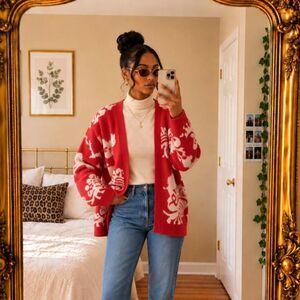 Vintage Bramble Lane Open Front Cardigan Sweater Size L Red White Floral Damask